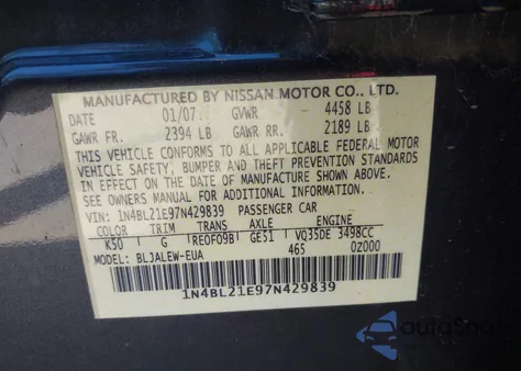 2007 Nissan Altima 3.5 Sl from USA, damaged, VIN 1N4BL21E97N429839